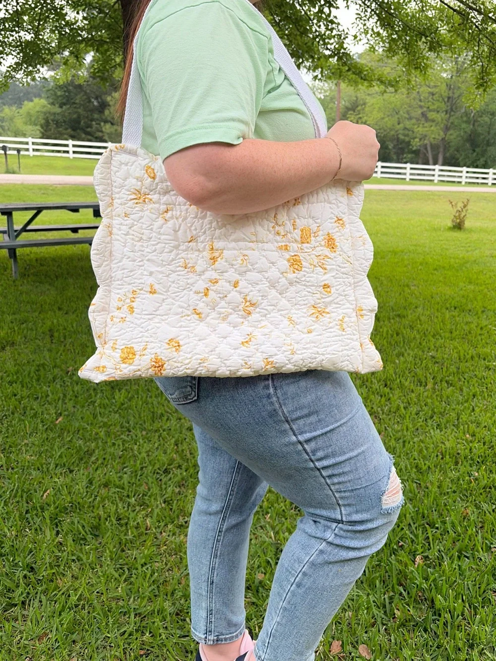 Quilted Floral Scallop-Edge Tote Bag in White and Yellow